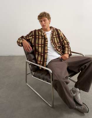 Topman Boxy Fit Borg Plaid Cardigan In Brown