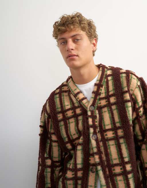 Topman boxy fit borg plaid cardigan in brown, 3 of 5