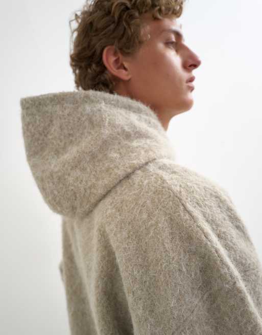 Topman boxy fit brushed borg hoodie in stone, 4 of 5