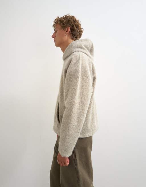 Topman boxy fit brushed borg hoodie in stone, 5 of 5