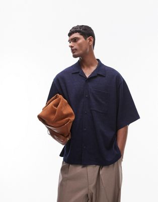 Topman boxy fit button through texture jersey polo in navy