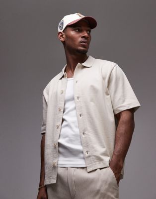 boxy fit button through jersey shirt in stone-Neutral