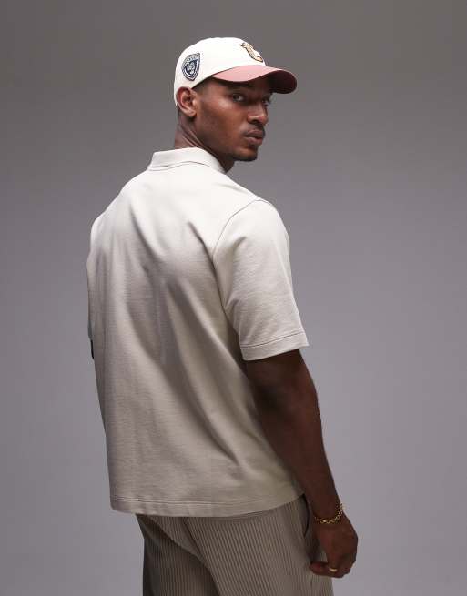 Topman boxy fit button through jersey shirt in stone, 3 of 4
