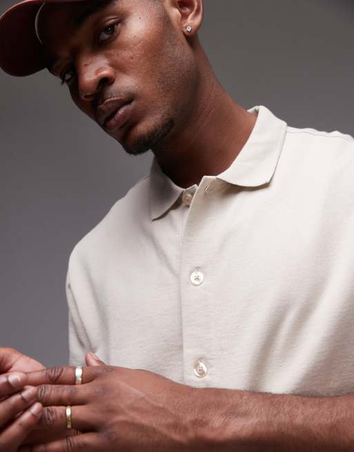 Topman boxy fit button through jersey shirt in stone, 4 of 4