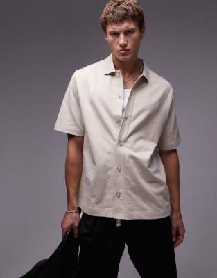 boxy fit button through jersey shirt in stone-Neutral