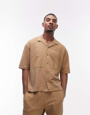 boxy fit button through jersey shirt with stripe in mustard-Yellow