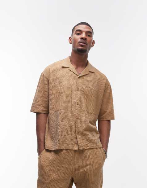 Topman crop fit button through jersey shirt with stripe in mustard
