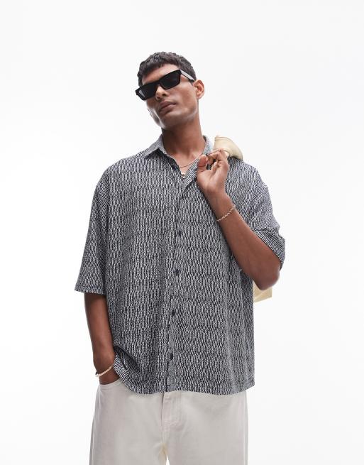 Topman boxy fit button up jersey polo with print in navy