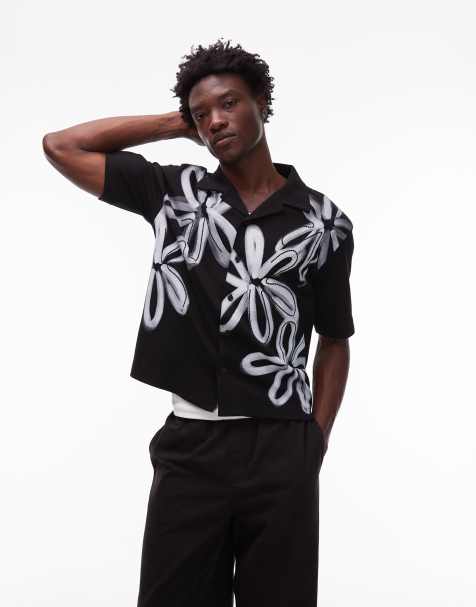 Topman boxy fit button up jersey shirt with floral print in black - view 1