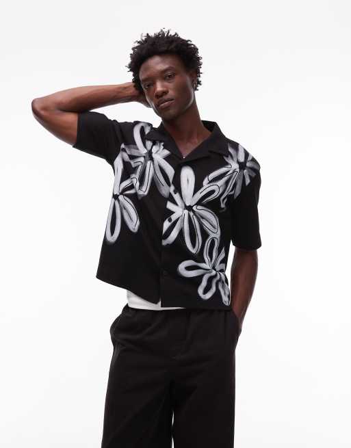 Topman boxy fit button up jersey shirt with floral print in black