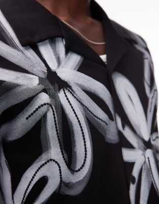 Topman boxy fit button up jersey shirt with floral print in black