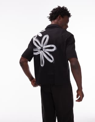 Topman boxy fit button up jersey shirt with floral print in black