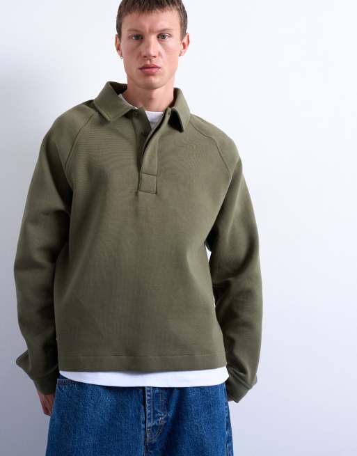 Topman boxy fit compact jersey polo sweat in khaki