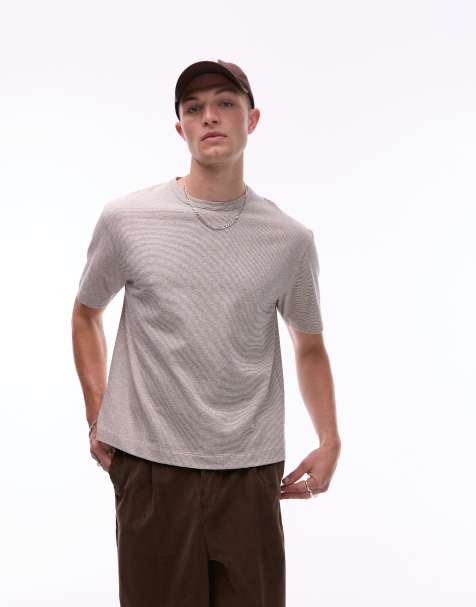 Topman boxy fit fine striped T-shirt in ecru - view 1