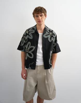 Topman Boxy Fit Heavyweight Jersey Shirt With All Over Floral Appliqué In Black