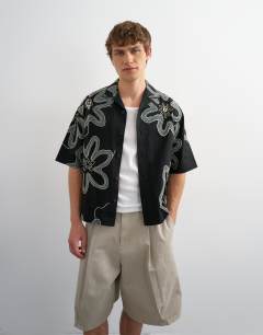 Boxy fit heavyweight jersey shirt with all over floral applique in black