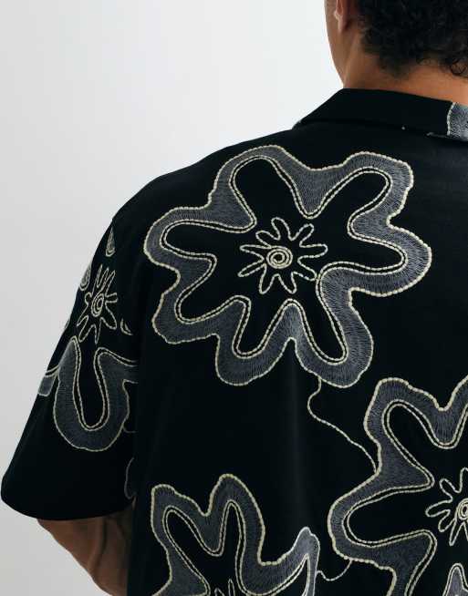 Topman boxy fit heavyweight jersey shirt with all over floral applique in black, 3 of 9