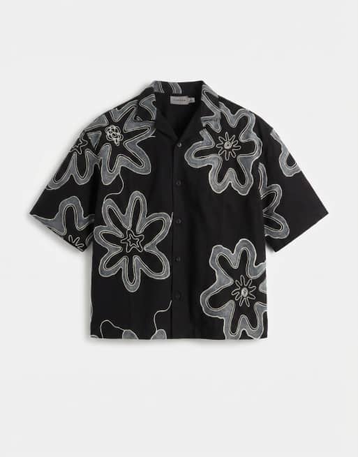 Topman boxy fit heavyweight jersey shirt with all over floral applique in black, 6 of 9