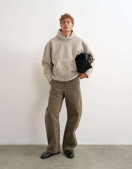 Topman boxy-fit hoodie van geborstelde borg in stone, 2 van 5