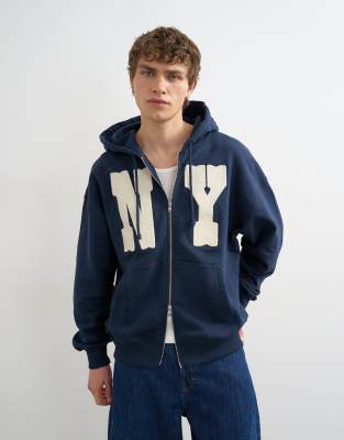 Topman boxy fit hoodie with front NY chenille patch in navy navy 16390₽