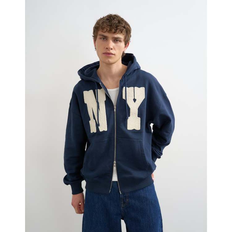 Topman boxy fit hoodie with front NY chenille patch in navy | ASOS