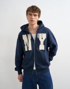 Boxy fit hoodie with front NY chenille patch in navy