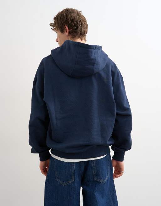 Topman boxy fit hoodie with front NY chenille patch in navy, 3 of 5