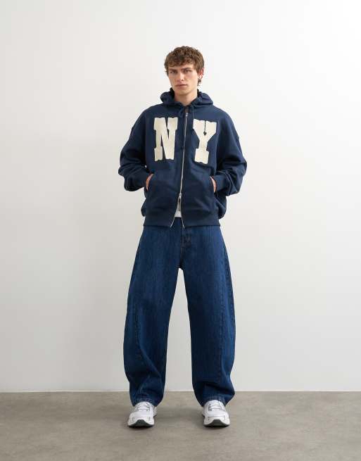 Topman boxy fit hoodie with front NY chenille patch in navy, 4 of 5
