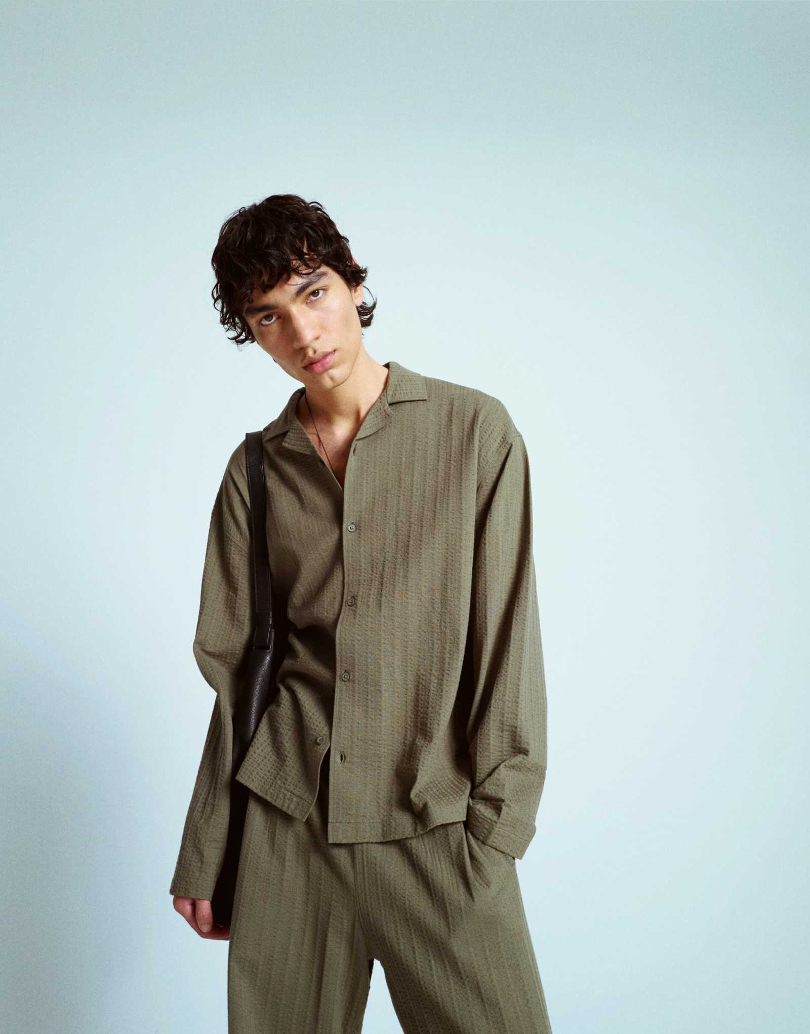 Трикотажная рубашка свободного покроя Topman с длинным рукавом и застежкой-молнией на пуговицы зеленого цвета хаки