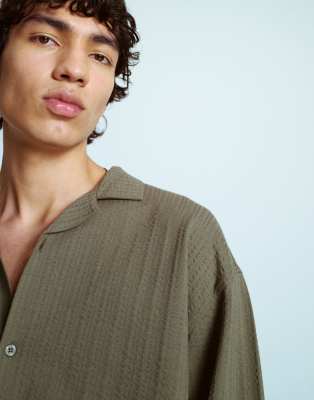 Topman Boxy Fit Long Sleeve Button Down Jersey Shirt With Seersucker In Green