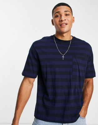 Topman boxy fit pocket t-shirt with horizontal stripe in navy