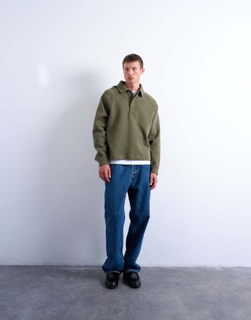 Topman boxy fit  polo sweat in khaki in scuba-style fabric, 2 of 5