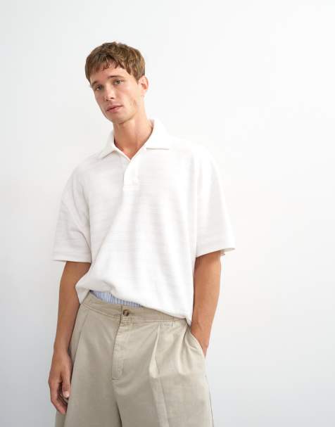 Topman boxy-fit polo van gestructureerde gestreepte jersey in ecru - view 1