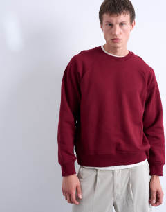 Model wearing Boxy fit raglan sweatshirt in burgundy