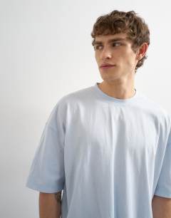 Model wearing Boxy fit t-shirt in washed blue