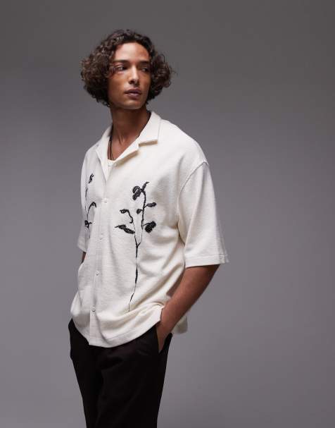 Topman boxy fit textured button up jersey shirt with floral embroidery in ecru - view 1