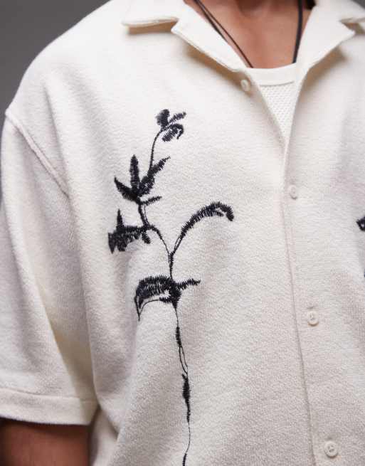 Topman boxy fit textured button up jersey shirt with floral embroidery in ecru