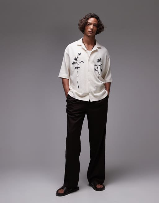 Topman boxy fit textured button up jersey shirt with floral embroidery in ecru