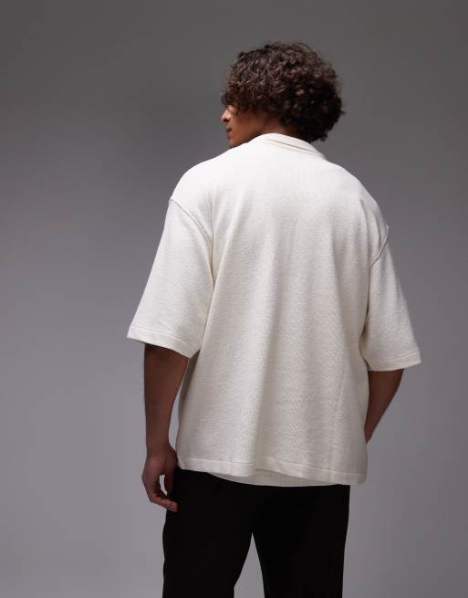 Topman boxy fit textured button up jersey shirt with floral embroidery in ecru