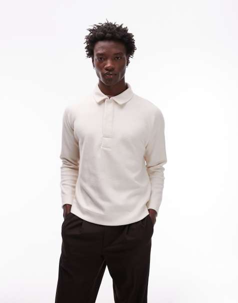 Topman boxy fit textured raglan polo sweat in ecru - view 1