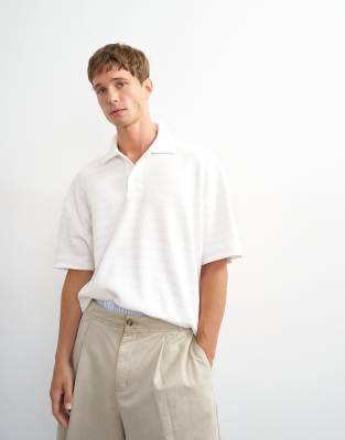 Topman Boxy Fit Textured Striped Jersey Polo In White