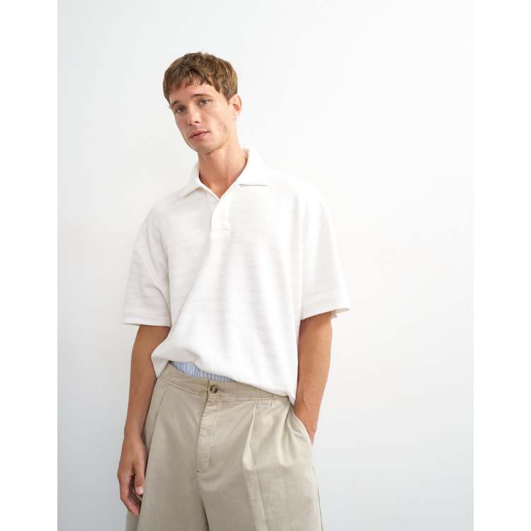 Topman boxy fit textured striped jersey polo in ecru | ASOS