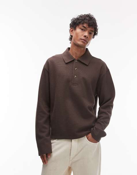 Topman boxy fit waffle polo sweat in brown - view 1