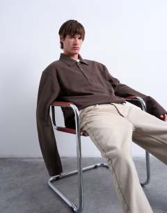 Boxy fit waffle polo sweat in brown