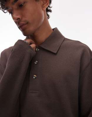 Topman Boxy Fit Waffle Polo Sweatshirt In Brown