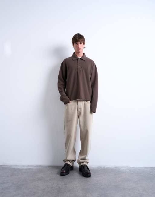 Topman boxy fit waffle polo sweatshirt in brown