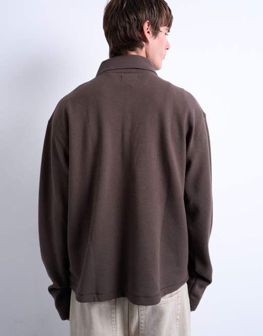 Topman boxy fit waffle polo sweatshirt in brown