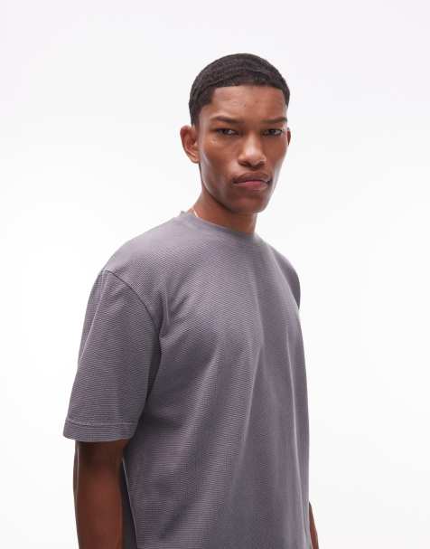 Topman boxy fit waffle t-shirt in washed charcoal - view 1