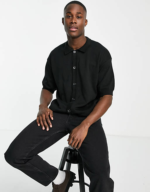 Topman boxy knitted overshirt in black