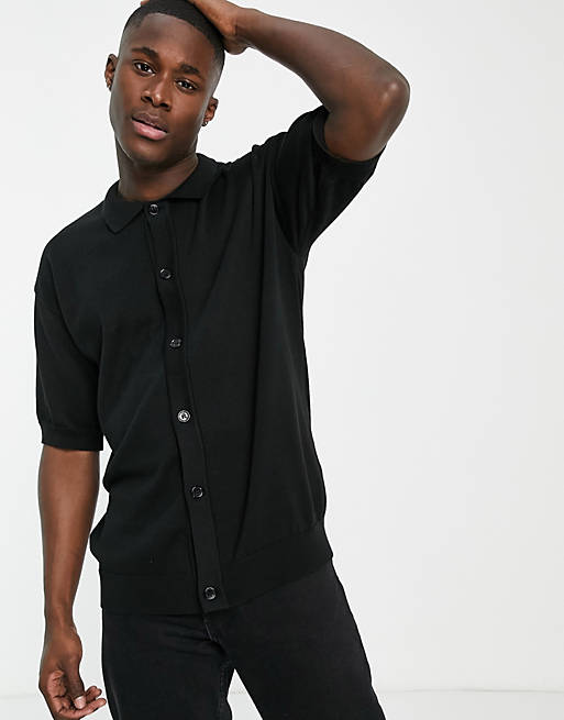 Topman boxy knitted overshirt in black 